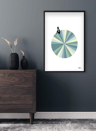 Sara Sonne - blue Kunstposter featuring abstract geometric circle, displayed in a modern room above a wooden dresser.