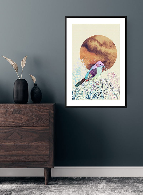 Sonnenaufgang Vogel und Blumen Poster