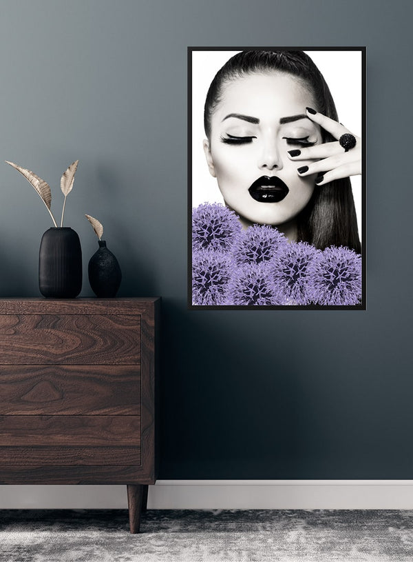 Black lips purple flowers poster