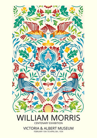 Colorful William Morris birds poster with ornate floral patterns and three stylized birds, vintage exhibition design.