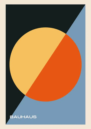 Bauhaus art poster with intersecting orange and yellow circles over black and blue geometric background.