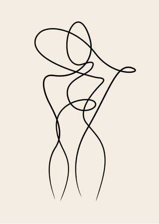 Minimalist line art poster depicting the abstract form of a woman in black on a beige background.