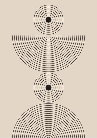 Minimalist poster with concentric circles forming semicircles and full circles on a beige background.
