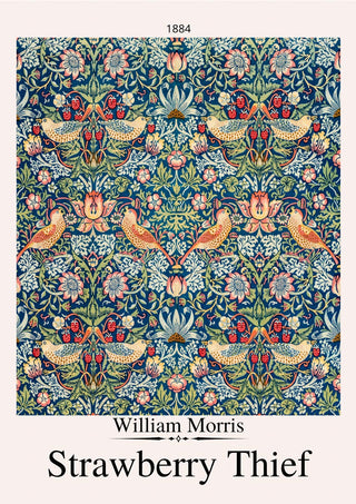 Ornate floral and bird pattern in rich colors, Strawberry Thief art poster by William Morris displayed on a product page.