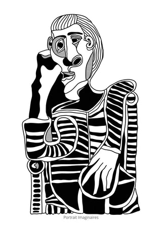 Black and white abstract line portrait inspired by Picasso, featuring geometric shapes and expressive facial features.