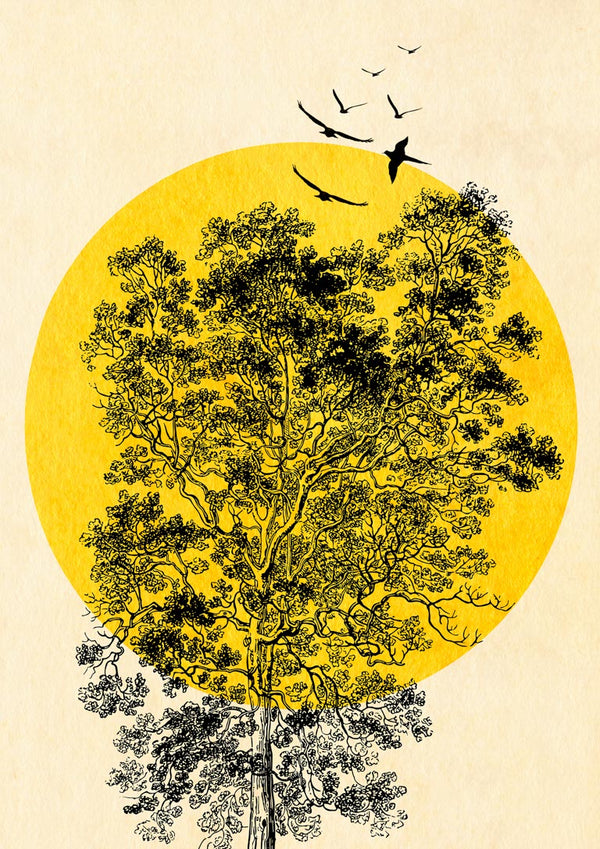 Gelbe Sonne mit schwarzen Vögeln Poster