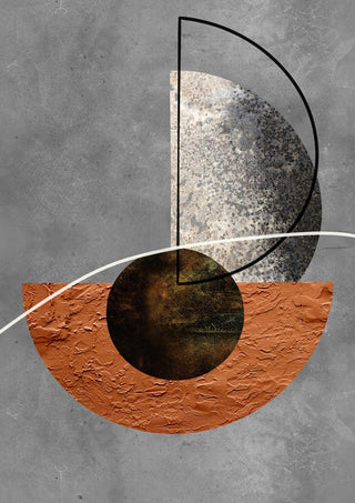 Minimalistic brown and silver geometric poster with textured shapes on a gray background.