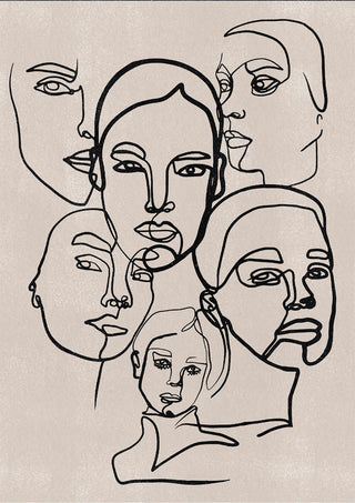 Minimalist line art of multiple female faces overlapping on a neutral background, for The Many Faces of a Woman Plakat.