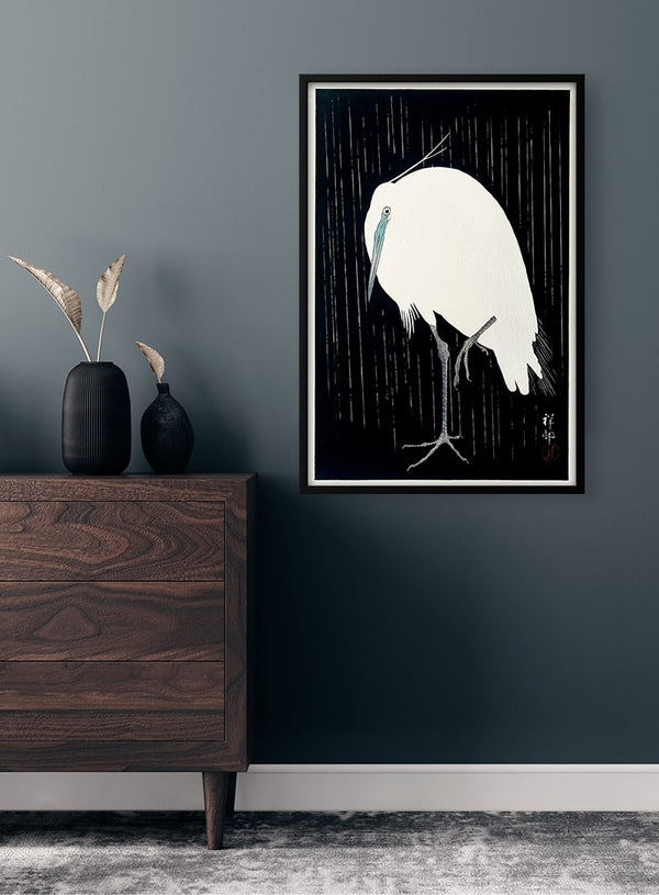 Egret in the rain - Ohara Koson poster