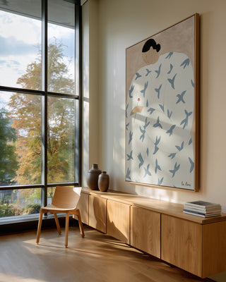 Large framed artwork "Seem Like Now" by Martina Karlsson displayed in a bright, modern living space.