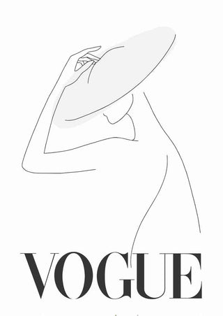Minimalist line art of a woman in a wide hat above the bold "VOGUE" text, vintage-style poster.