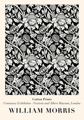 Intricate black and white floral pattern design by William Morris featured on a White Flowers product page.