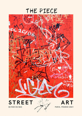Red graffiti artwork with overlapping black scribbles and tags, titled "The Piece no. 2" street art print.