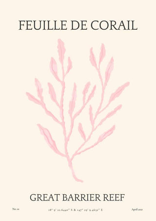 Minimalist art poster of pink coral leaf with the text "FEUILLE DE CORAIL" and "GREAT BARRIER REEF."
