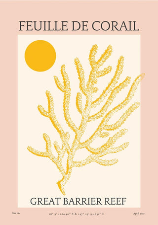 Abstract yellow coral illustration with a sun, titled "Feuille De Corail No. 06 Plakat," Great Barrier Reef theme.