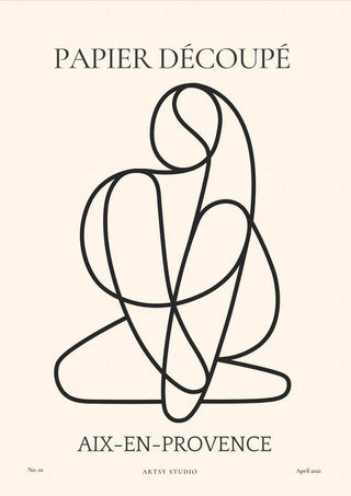 Minimalist line art of an abstract figure, labeled "Papier Découpé No. 01," ideal for living room décor.