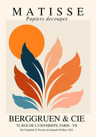 Matisse-inspired poster with orange sun and abstract leaf shapes, vintage art print style.