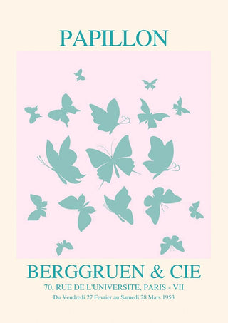 Poster with teal butterflies and the text "PAPILLON" and "BERGGRUEN & CIE" on a light pink background.