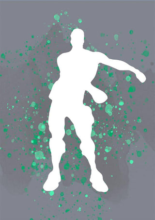 Silhouette of a dancing Fortnite character with green splatter background on the Gamer Plakat poster.