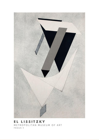 Abstract geometric composition in black, gray, and white; text below reads "El Lissitzky Metropolitan Museum of Art."