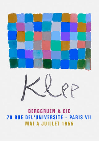 Paul Klee Blue Exhibition 1955 poster with colorful abstract squares and exhibition details in French.