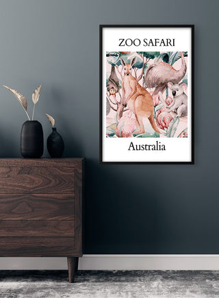 Framed wall art featuring illustrated Australian animals with the title "Zoo Safari Australia" above and below.