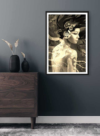 Art print of a modern woman with floral hair, displayed in a stylish room above a dark wooden dresser.