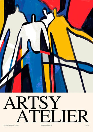 Abstract poster with bold, colorful silhouettes and lines; "Artsy Atelier" title at the bottom.