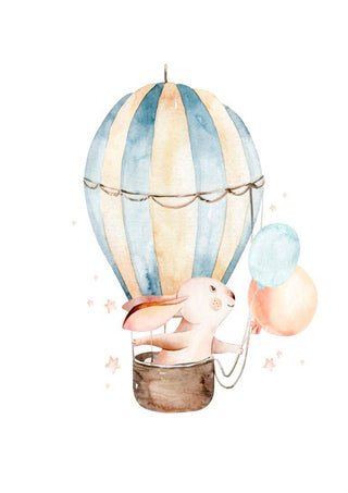 Illustration of a rabbit in a hot air balloon holding balloons, featured on the Kanin i luftballon Plakat.