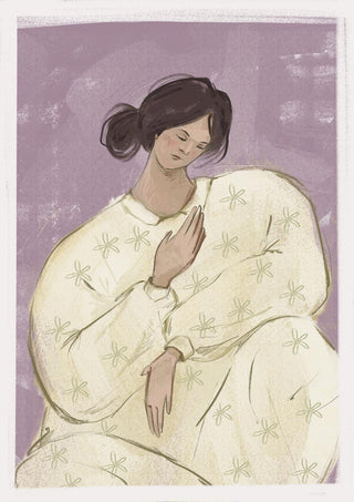 Illustration of a serene woman in a floral robe with hand on chest, featured on the Wearing Your Feelings Plakat.
