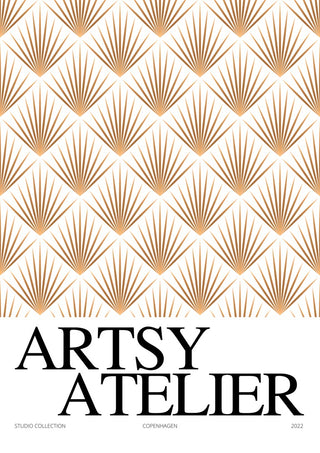 Geometric bamboo pattern in gold tones above bold "ARTSY ATELIER" text on Studio Collection Bamboo Plakat.