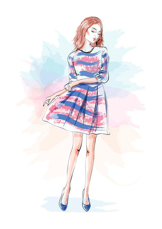 Artistic illustration of a woman in a blue and pink striped dress, standing gracefully with eyes closed.