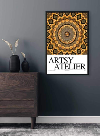 Framed Hypnotic Sun Plakat with geometric mandala design hanging above a dark wood dresser in modern room.