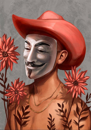Person wearing a Guy Fawkes mask and red cowboy hat, surrounded by red flowers on a gray background.