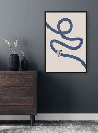 Abstract River cleanse by Maarten Léon framed on a gray wall above a wooden dresser with vases.