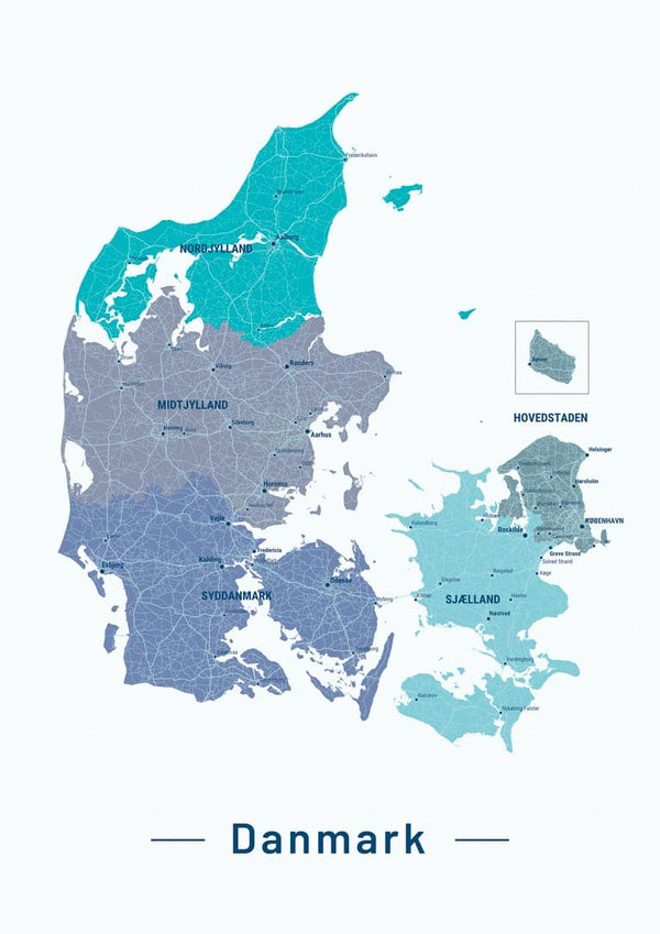 Blå Danmarkskort Poster