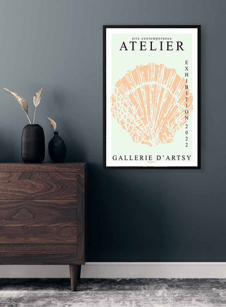 Art Shell 2022 - Vincent V Plakat poster featuring a peach shell, displayed on a wall above a wooden dresser.