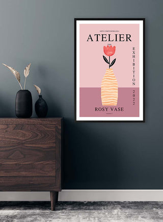 Framed Rosy Vase - Vincent V. poster featuring a pink vase with a red flower, styled on a modern wall.