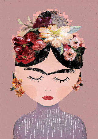 Illustration of a woman with floral headpiece and earrings, eyes closed, on a mauve background. No. 01 - Treechild.