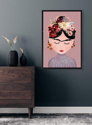 Framed No. 01 - Treechild artwork with floral headpiece displayed on a dark wall above a wooden dresser.
