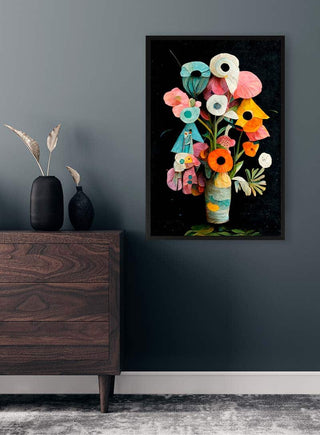 Les Fleurs - Treechild wall art featuring a colorful floral bouquet in a vase, displayed above a wooden dresser.