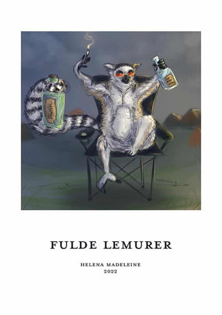 Illustration of a lemur on a chair holding bottles, with "Fulde Lemurer No. 01 - Helena Madeleine" below.