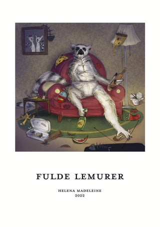 Cartoon lemur relaxing on a messy armchair, holding drinks, with "Fulde Lemurer No. 03 - Helena Madeleine" text below.