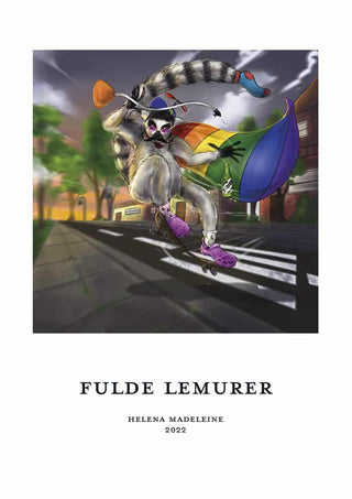 A colorful lemur on a skateboard holds umbrellas and balloons; Fulde Lemurer No. 04 - Helena Madeleine art print.