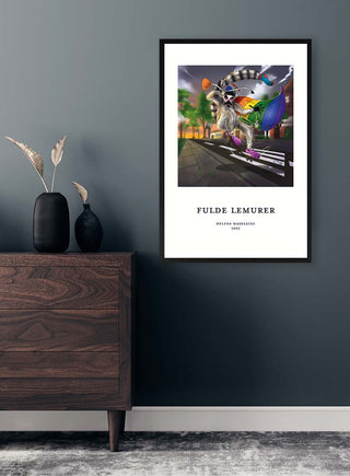 Framed Fulde Lemurer No. 04 - Helena Madeleine artwork displayed on a dark wall above a wooden dresser.