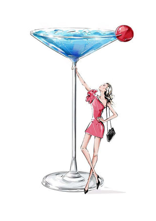 Illustration of a woman in a red dress beside an oversized martini glass with a cherry, for "I Need a Drink - Vincent V."