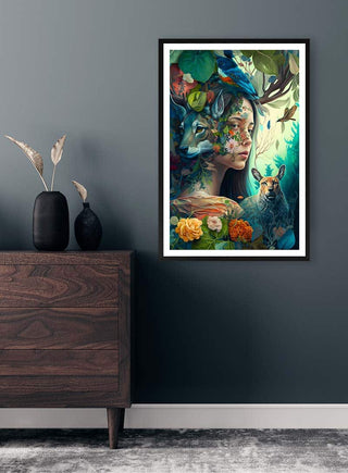 Framed "Girl of The Forest" art by Thomas Nordentoft displayed on a dark wall above a wooden dresser.