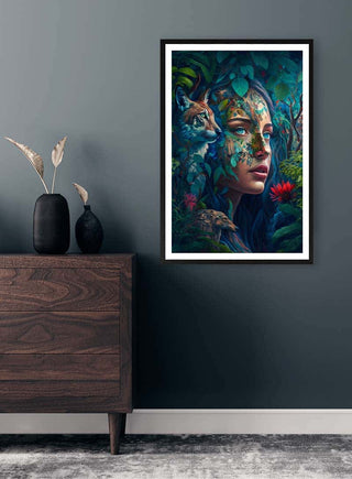 Framed "Woman of the Forest" artwork by Thomas Nordentoft displayed above a dark wood dresser in a modern room.
