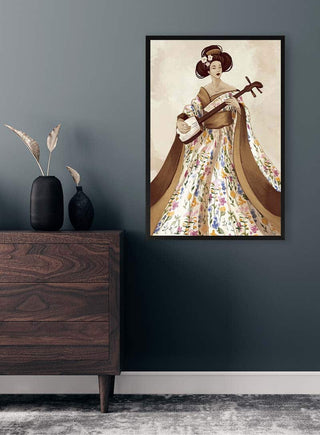 Framed Eton x Geisha - Kate Aitana artwork featuring a floral-dressed geisha on a dark wall above a dresser.