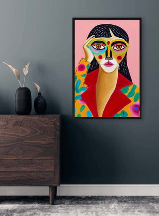 Framed "Colorful Thoughts" by David Wolf featuring an abstract woman hangs on a dark wall above a wooden dresser.